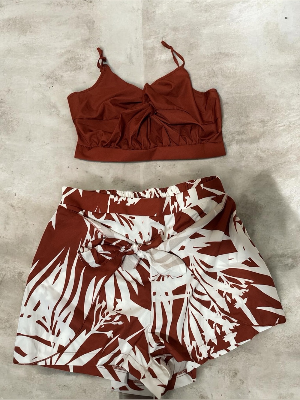 SHEIN Rust Two-Piece Set with White Tropical Print Shorts